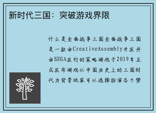 新时代三国：突破游戏界限